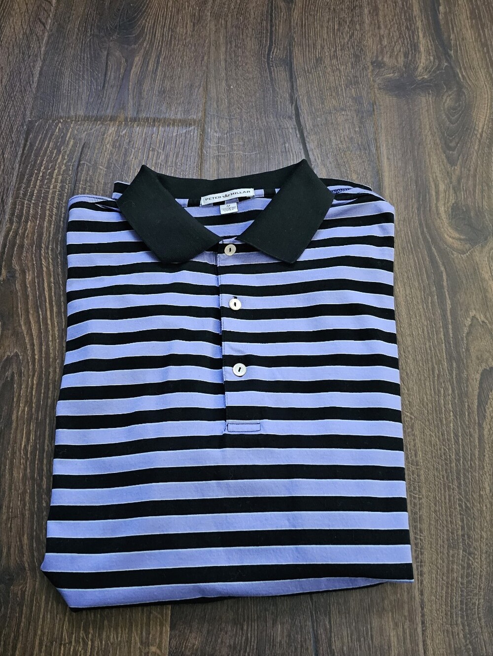 Peter Millar Mens Medium Polo Shirt Purple Black Striped Short Sleeve 100%Cotton